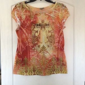 One world owl cap sleeve top in orange/gold sz L